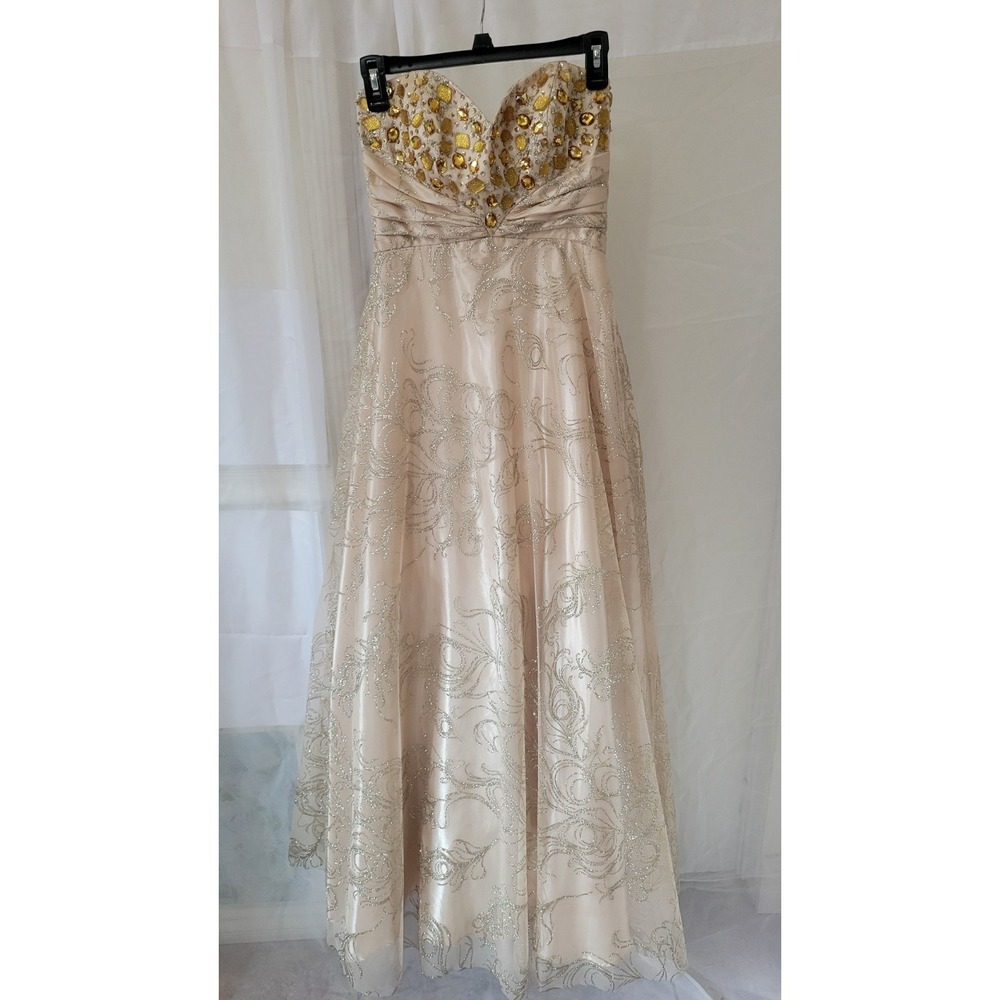 Masquerade Women Formal Dress Sz 5-6 Strapless Gold Glitter Princess Tulle ALine